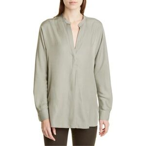 VINCE Split Neck Silk Blend Tunic In Moss medium